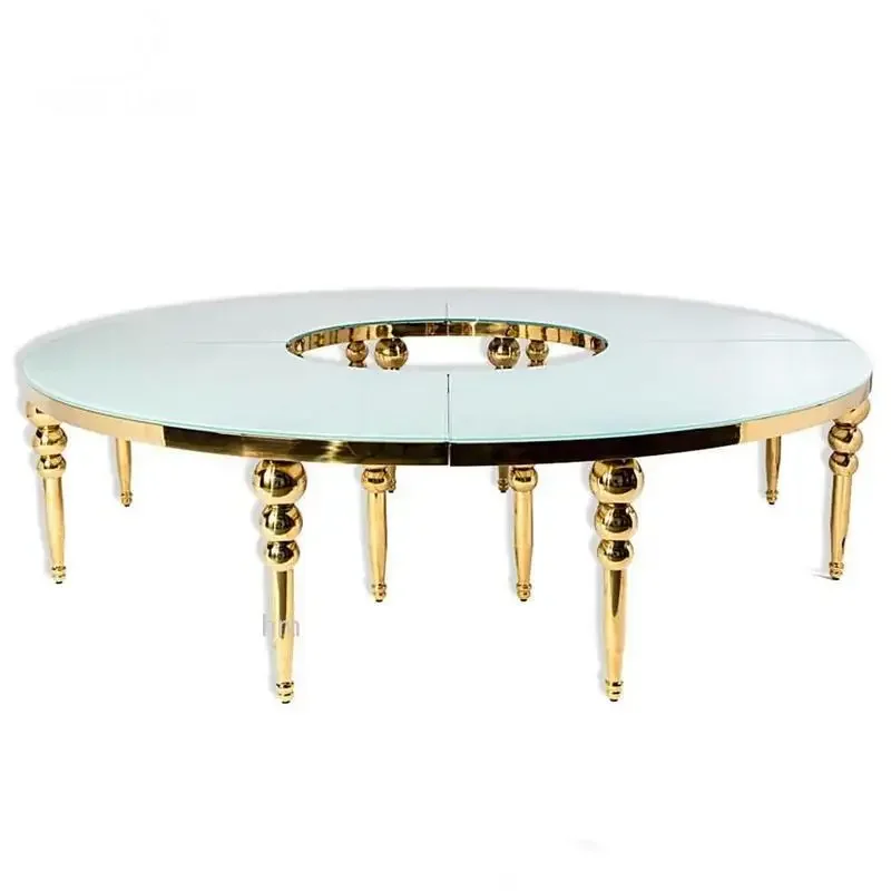 Gold stainless steel MDF round S shape dining wedding table party chairs and moon serpentine tables