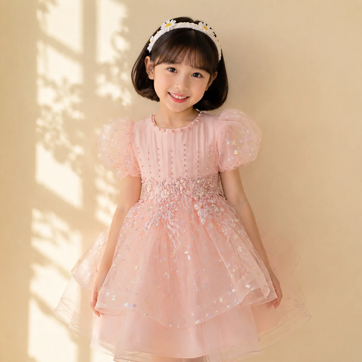 Robe de princesse à manches bouffantes pour enfants, robe courte imprimée pour demoiselle d'honneur, robe de mariée, jupe tutu haut de gamme pour filles, Europe