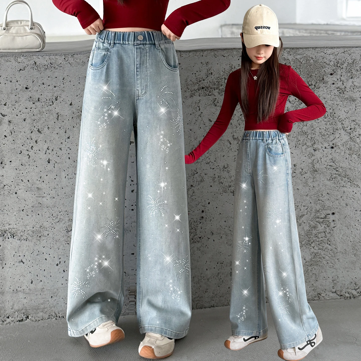 

Stylish Children Flower Bedazzled Jeans For Teen Girls Casual Straight Fit Crystal Denim Pants Kids Street Design Jeans Trousers