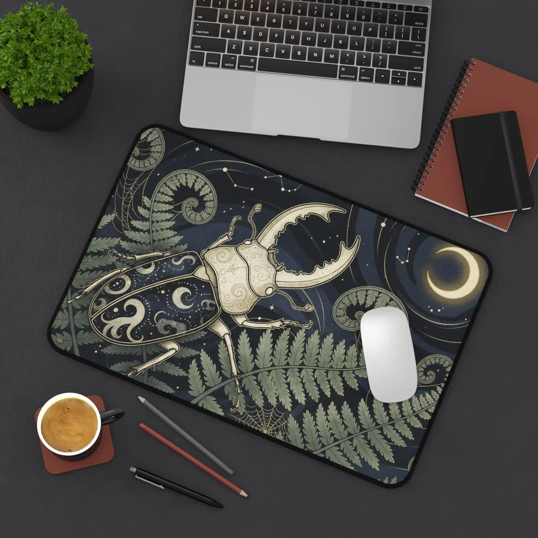 Celestial Stag Beetle and Moon Desktop Mats, Celestial Fern, Plant Mouse Pad, Laptop Mat, Non-slip Home Office Mat, Student Gift