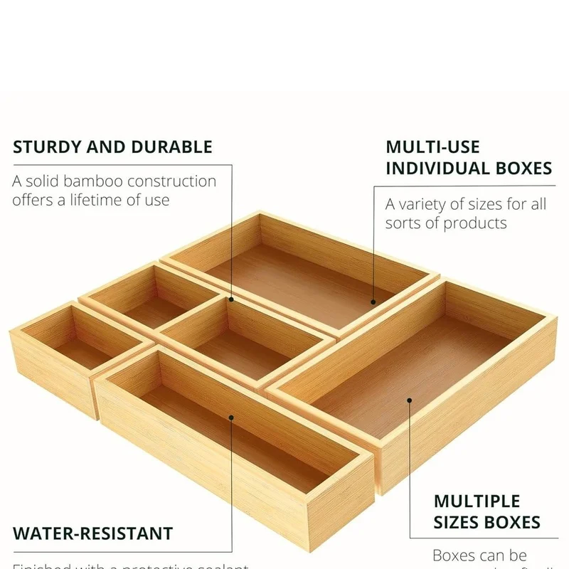DT39 5Pcs Bamboo Drawer Organizer Set Multi-Use Storage Trays for Kitchen Bathroom Office Makeup Jewelry
