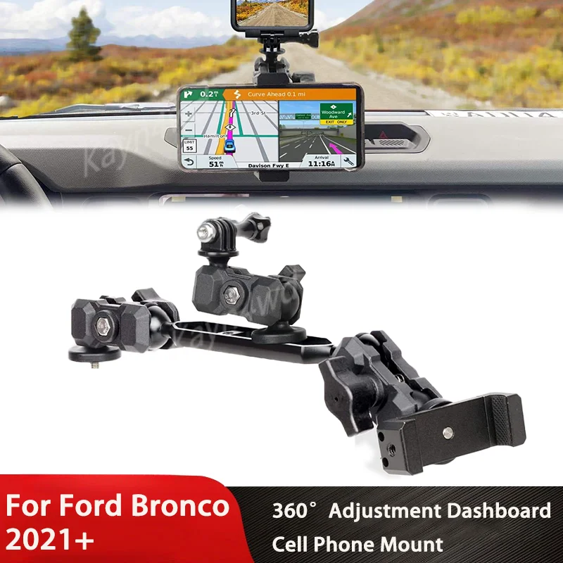 Off Road 4x4 Accessories 360° Adjustable Dashboard Phone Holder Anti-Shake Stabilizer with GoPro Mount For Ford Bronco 2021-2025