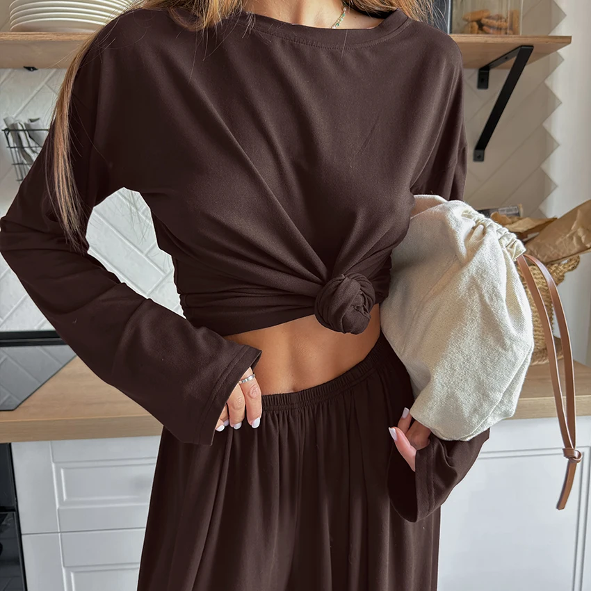 HiLoc Brown Casual Knitted Elastic Women Pajamas 2 Sets Long-Sleeved Round Neck Tops Elastic Waist Full Length Pants Autumn 2026