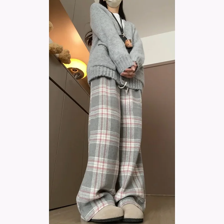 Różowe spodnie w kratę z tweedu dla kobiet, jesień-zima 2025, nowe, małe rozmiary, wyszczuplające, z wysokim stanem, codzienne spodnie z szerokimi nogawkami.