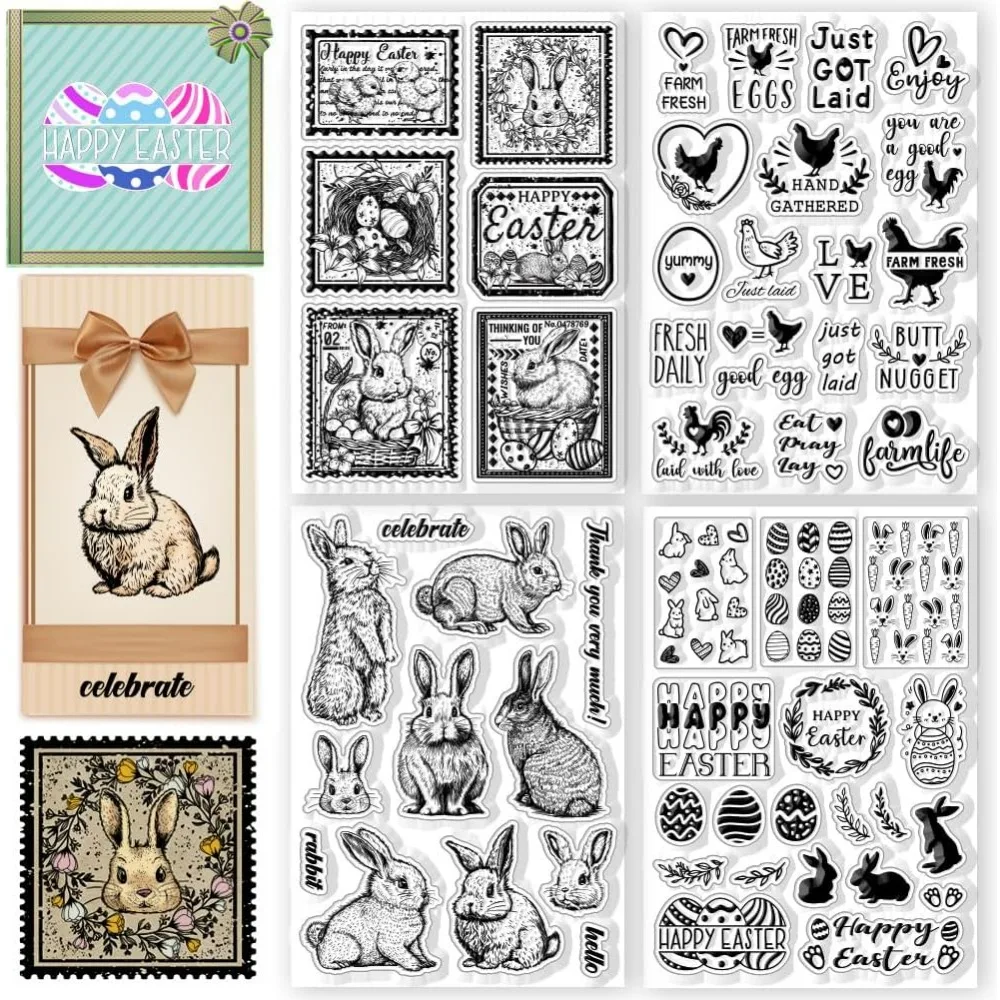 4PCS Ostern Klare Stempel Hase Kaninchen Hühner Eier Silikon Transparente Stempel Segen Worte Klare Stempel Siegel für die Kartenherstellung