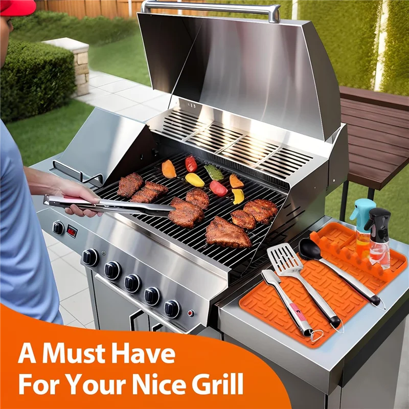 ABRW-Silicone Griddle Tools Mat Griddle Tools Mat With Drip Pad,Side Shelf Mat Grill Utensils Holder Griddle Accessories