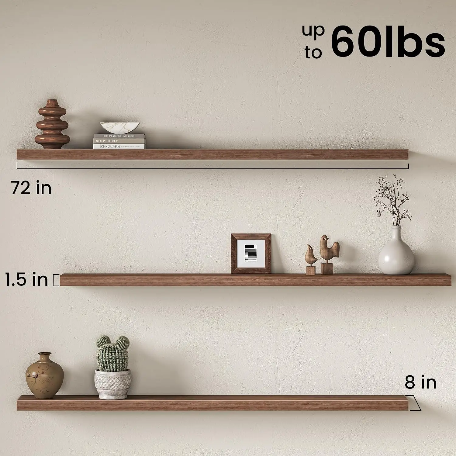 Walnut Finish Set of 2 Wall‑Mounted Floating Shelves, 72