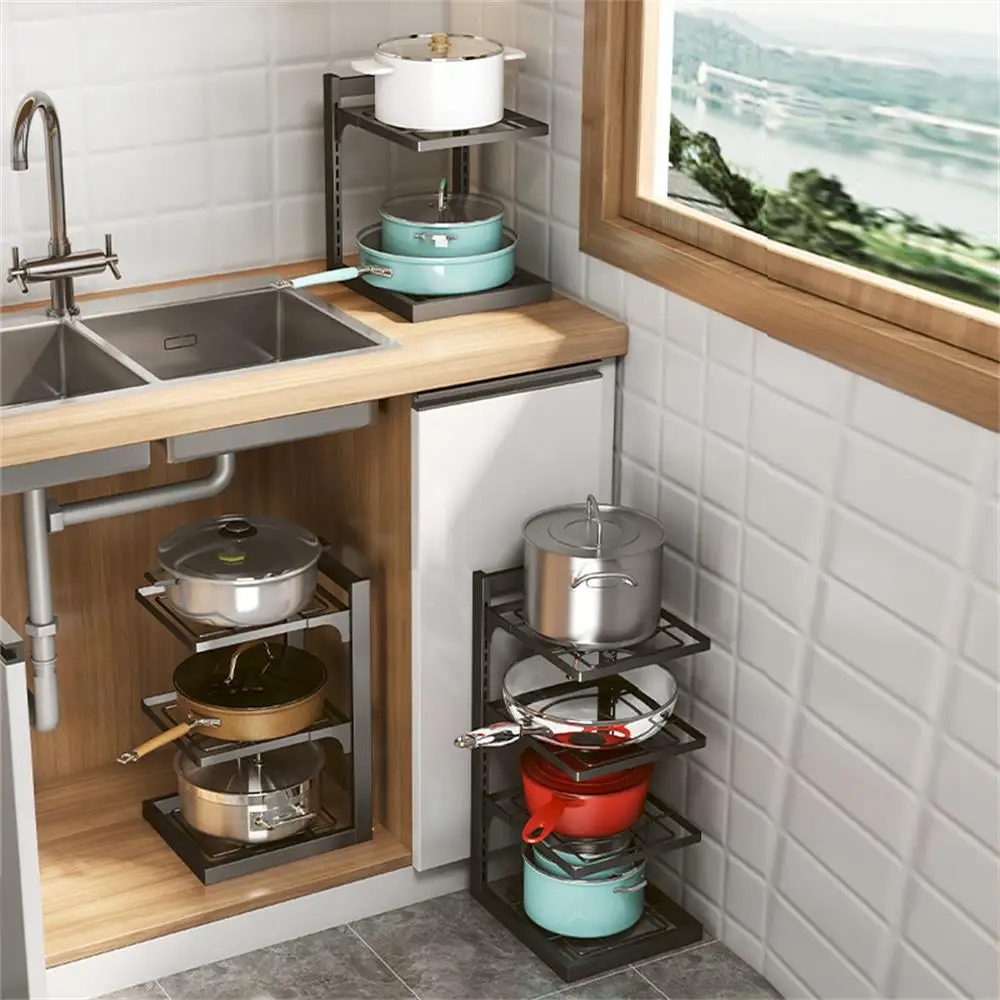 2/3/4 Layer Kitchen Sink Storage Rack Multi-Layer Cooker Storage Rack For Home Stovetop Cabinets Adjustable Pot Rack