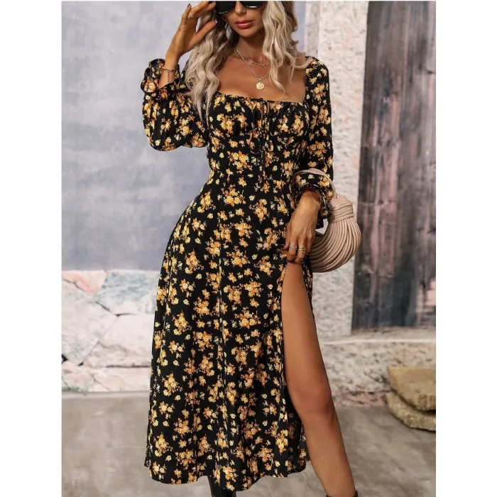 

Новая осенне-зимняя женская модная юбка-миди с принтом, длинными рукавами, средней талией, расклешенная, на молнии