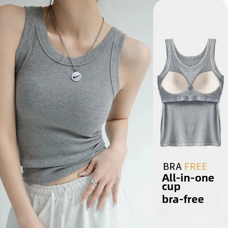 2-in-1 T-Shirt Bra Combo Top- Women's Seamless Built-in Vest,Summer Breathable Sleeveless Shirt & Casual Undershirt Sexy Top Y2k
