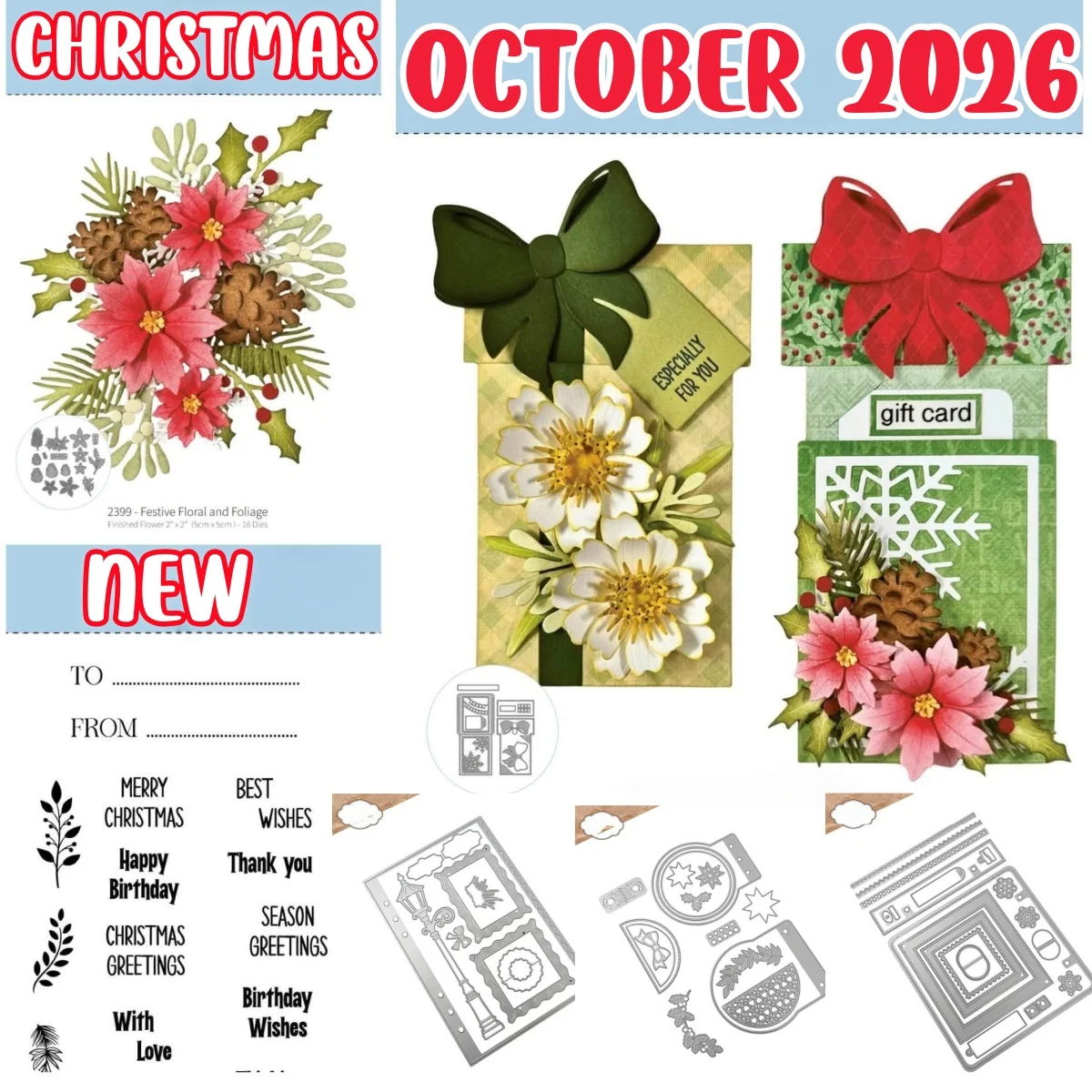 New 2026 Festive Floral Foliage Decorative Gift Metal Cutting Dies Wishes Sentiments Clear Stamps for DIY Decorating Gift Card