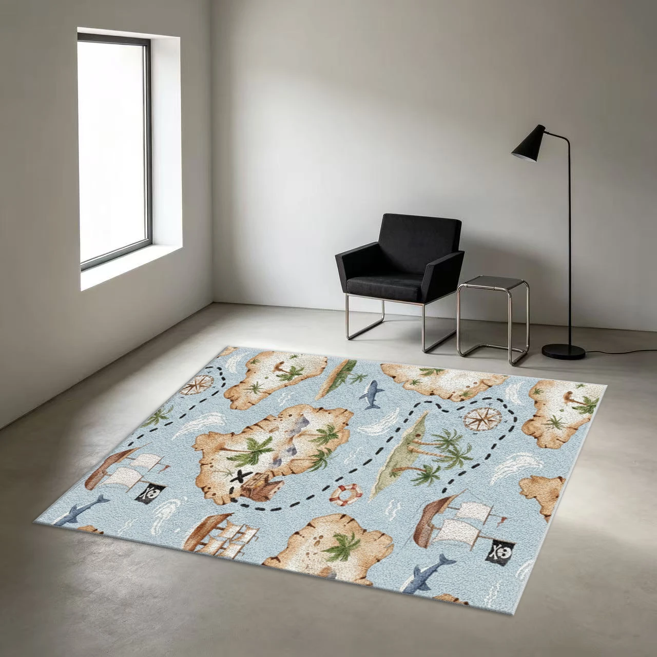 Pirate Treasure Map Island Ocean Shark Kids Rug Non-Slip Play Carpet Suitable for Boys Playroom Bedroom Home Decor