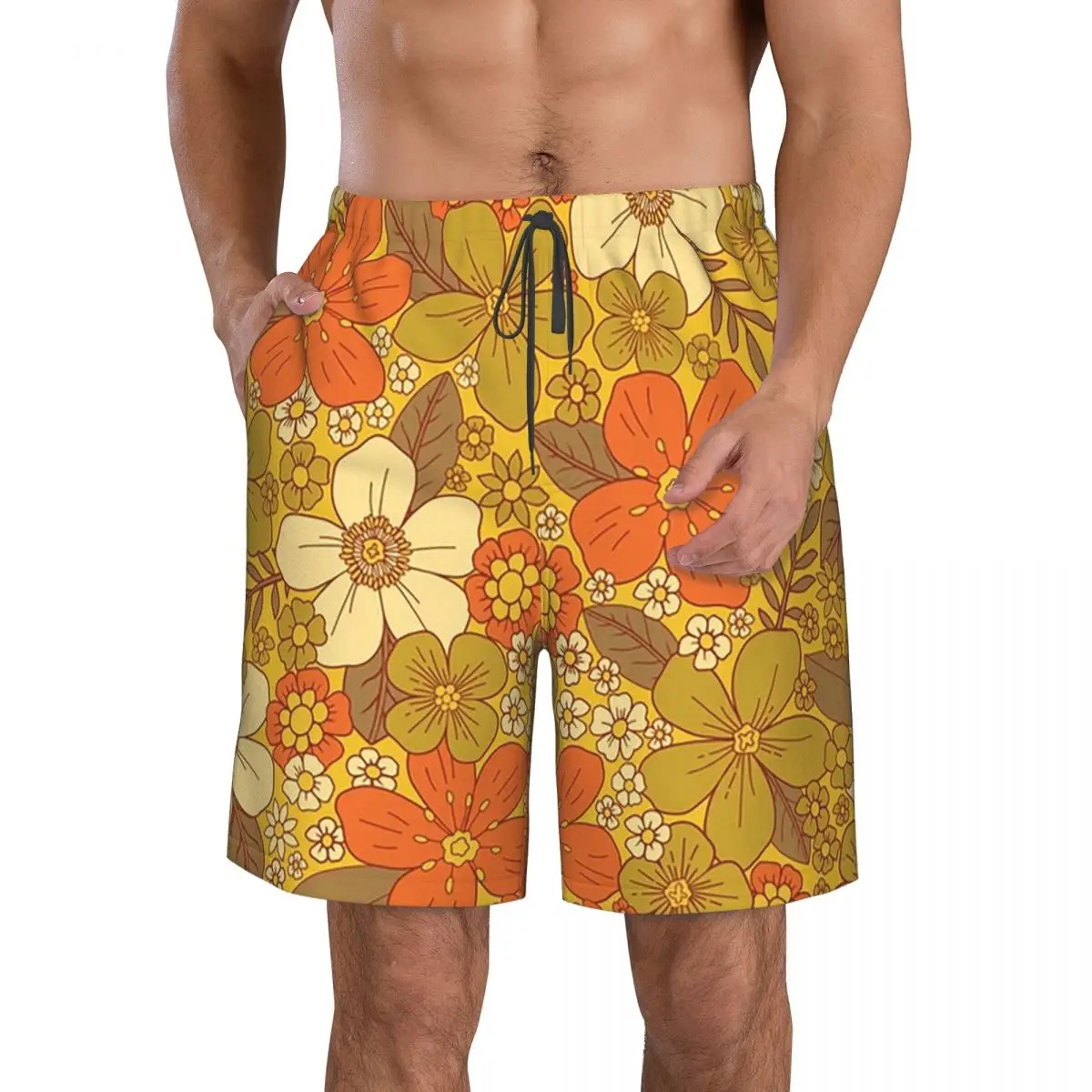 Retro 60s 70s Orange And Olive Green Floral Flower Trunks Beach Board Shorts Casual Quick Dry Swim Summer Men Pants