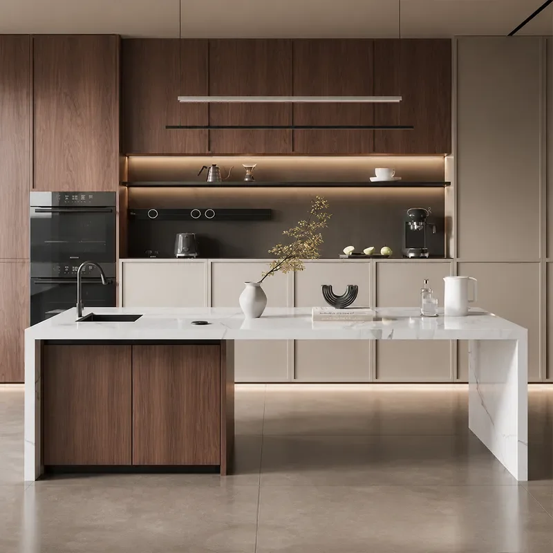 Flush Rock Slab Island Dining Table with Integrated Sink Induction Cooker and Tea Tray for Open Kitchen Bar Small Apartment