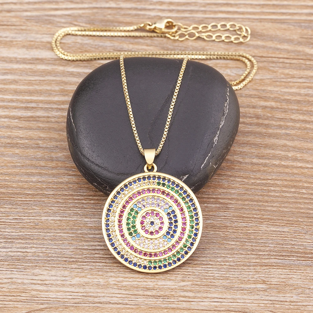 Nidin Vintage Multi Layered Round Coin Colorful Zircon Pendants Necklaces For Women Bohemia Gold Plated Long Chain Jewelry Gift