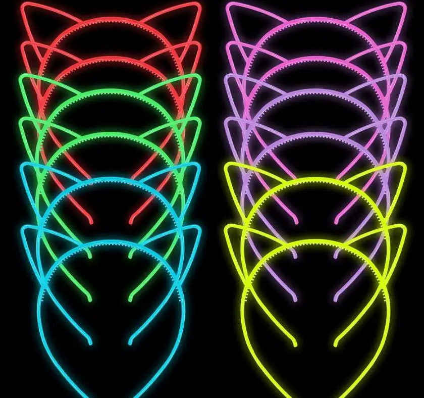 50pcs Glow in the Dark Headband Christmas Halloween Tiara Luminous Cat Ear Plastic Hair Band Women Girls Party Crown Headdress