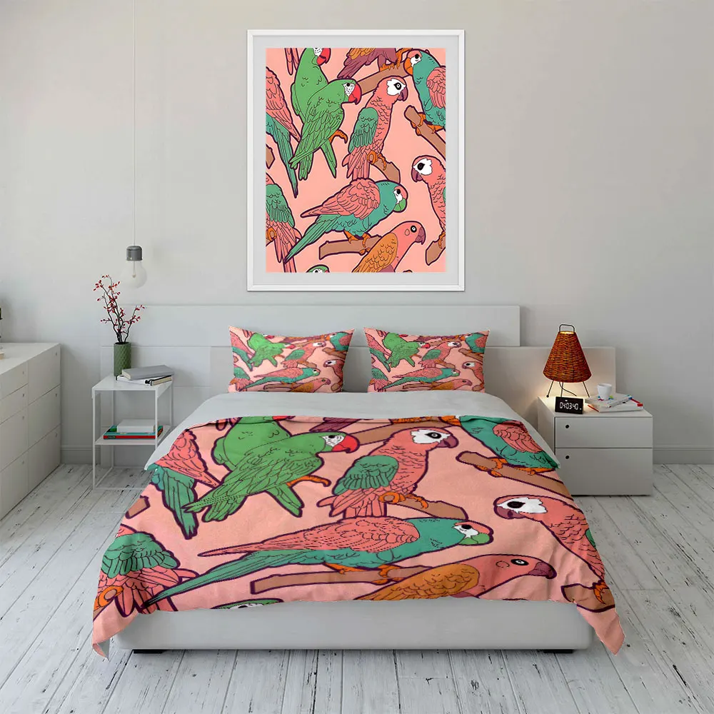 Colorful parrots perched on branches Pattern Duvet Cover Set Digital Print Colorful Polyester Bedding with Zipper Closur 4