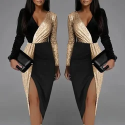 Sexy Elegant Black Luxury Prom Sequins Cocktail Party Evening Chic Dresses Women Long Sleeve Deep V-neck Bodycon Dress Clothes