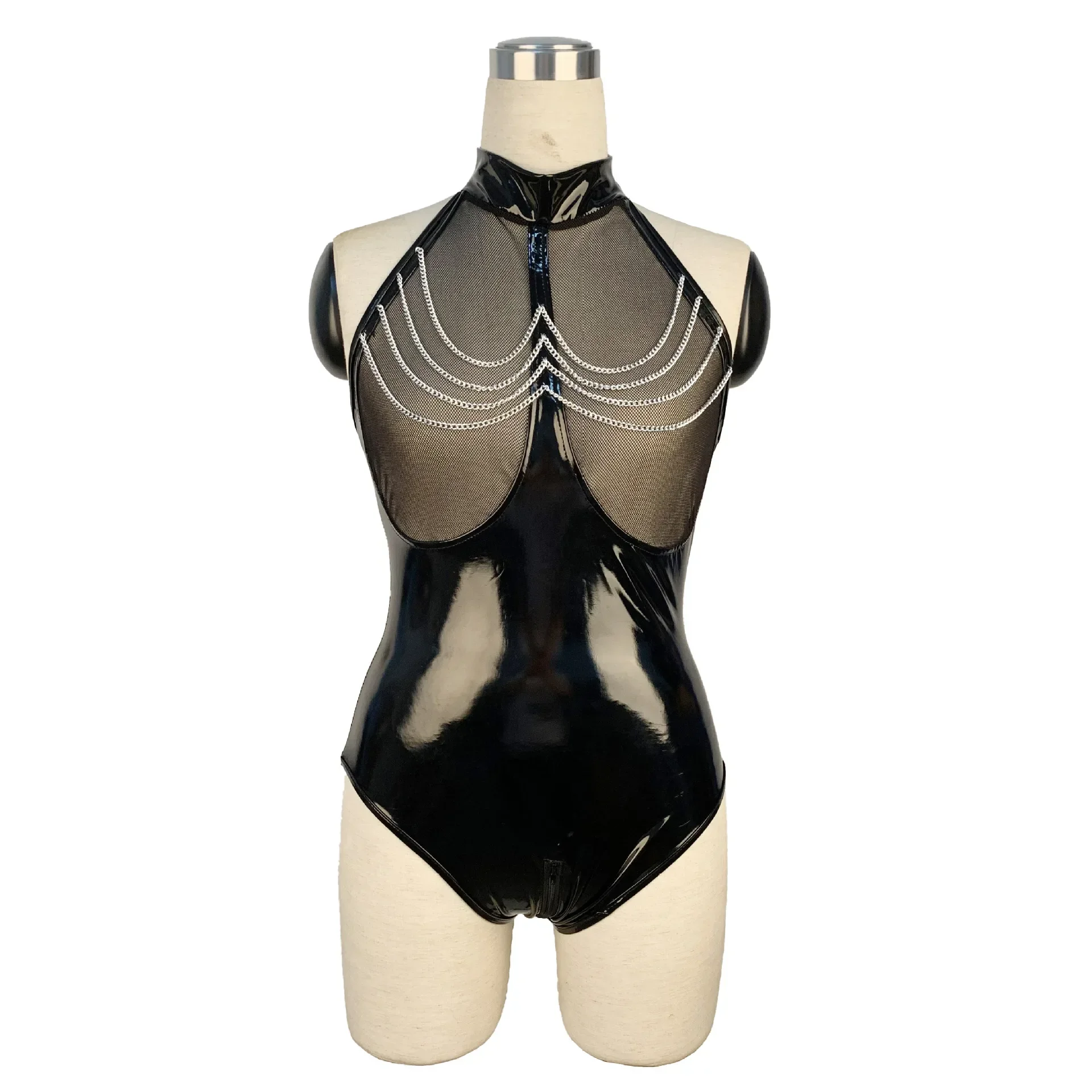 Catsuit en latex PU brillant avec soutien-gorge ouvert, costume de batterie PVC, faux cuir, maille Teddy, lingerie, fétiche 2025