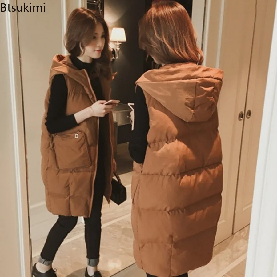 2026 Winter Women Vest Waistcoat Long Cotton Jacket Loose Oversize Warm Bread Jacket Sleeveless Hooded Woman Jacket with Pocket