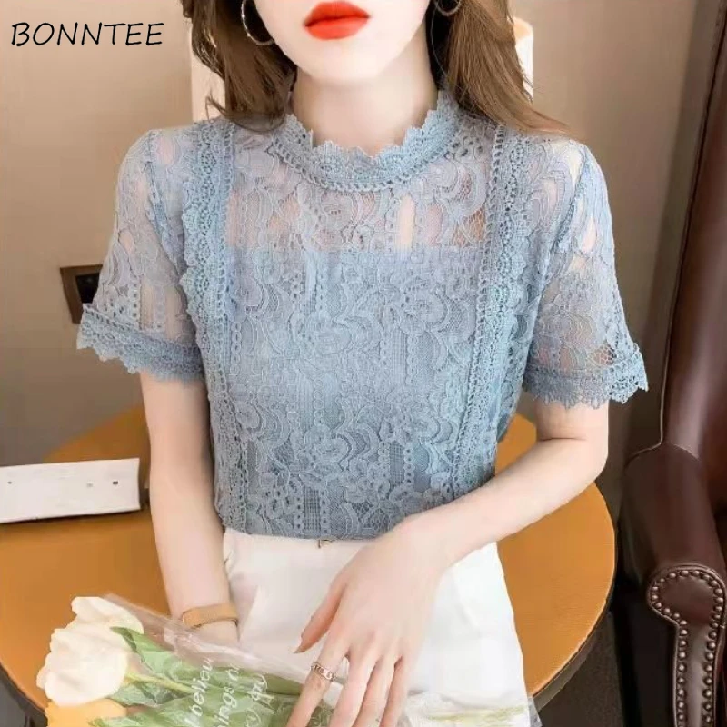 Lace Blouses Women Elegant Design Daily All-match Stylish Stand Collar Summer Breathable Korean Style Female Simple Pure Basic