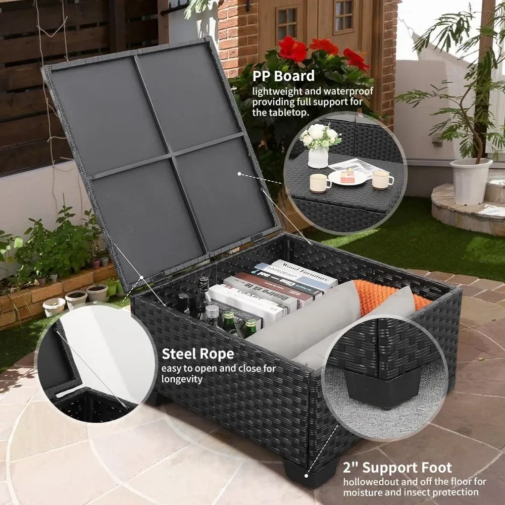 Outdoor secional Wicker Móveis Set, sofá pátio com otomano, mesa de armazenamento, 3 pcs