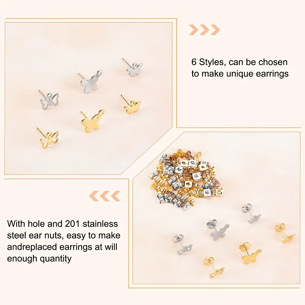 1 صندوق 60 قطعة 6 نمط 304 الفولاذ المقاوم للصدأ قرط الاذن المرصع النتائج مع حلقات أفقية و 201 الفولاذ المقاوم للصدأ الأذن المكسرات/القرط