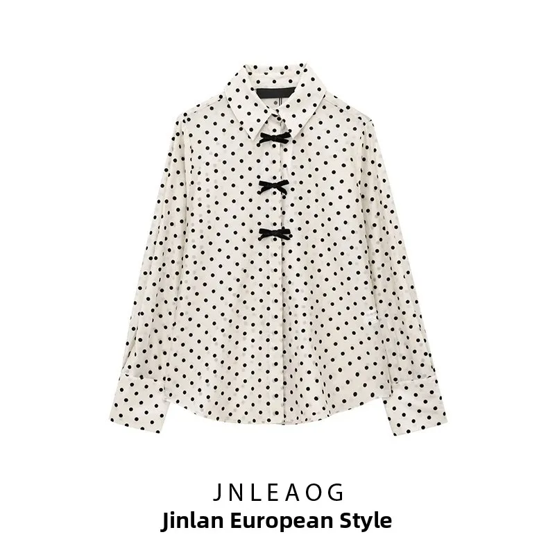 Faionable Polka Dot irt with  Knot Design Women's Clothing JNLEAOG New Sle Polyester Fiber Long Sve irt