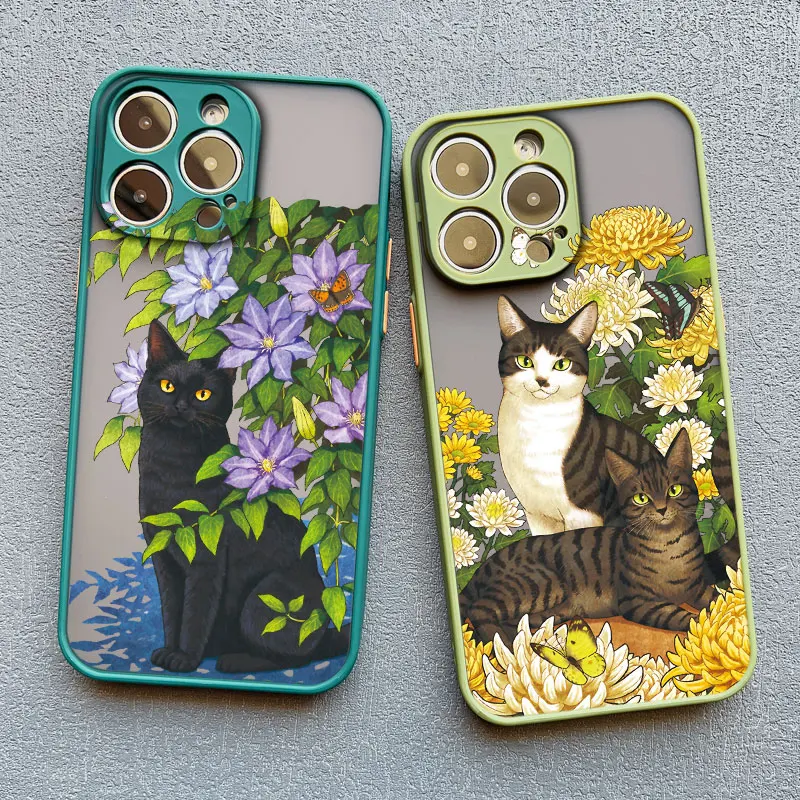 A Cat Among Flowers Phone Case For iPhone 16 15 14 Plus Pro Max 13 11 12 Pro Max Mini X XR XS 7 8 Plus SE2 Shockproof Back Cover