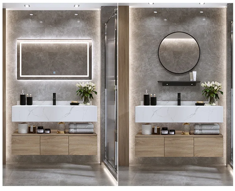 Mueble de baño con encimera de mármol con gran espacio de almacenamiento, mueble con espejo duradero