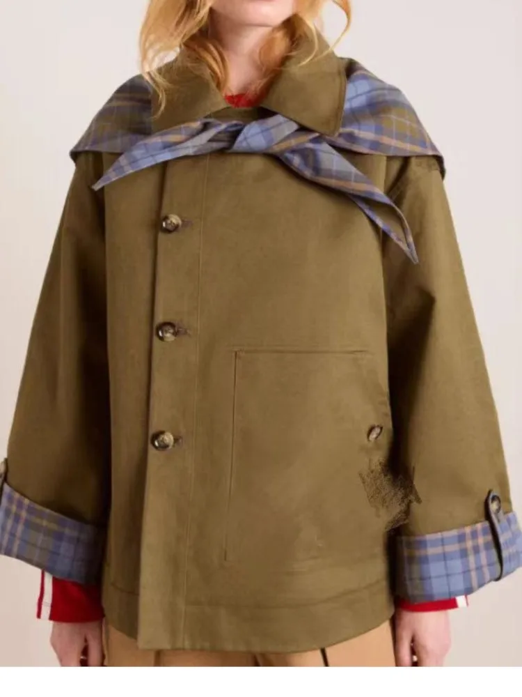 

Autumn And Winter Lapel Long-sleeved Embroidered Pocket Fashion Two-sided Jacket Women's New Literary Retro Plaid Versatile Tops