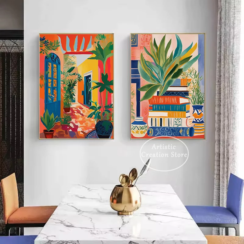 Abstract Morocco Colorful House Architecture Plants Cityscape Illustration Poster Canvas Painting Wall Art Picture Home Decor view 3
