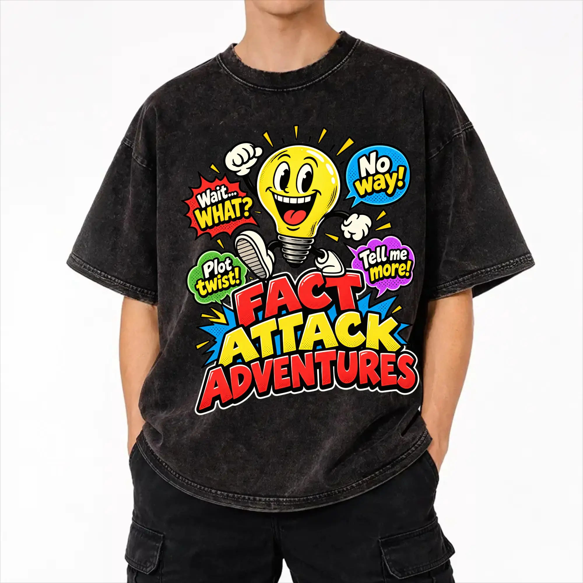 Harajuku Washed Shirt Fact Attack Adventures Lighty Outfit Vintage T-Shirts Oversize  Streetwear Short Sleeve Summer Tees