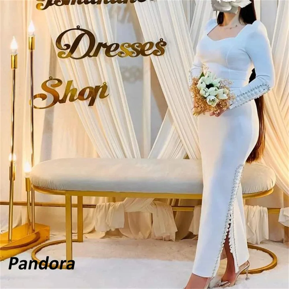 

Pandora Ivory Square Collar Saudi Prom Dress Crystal Long Sleeves Mermaid Evening Dress with Slit Women Wedding Party Gowns