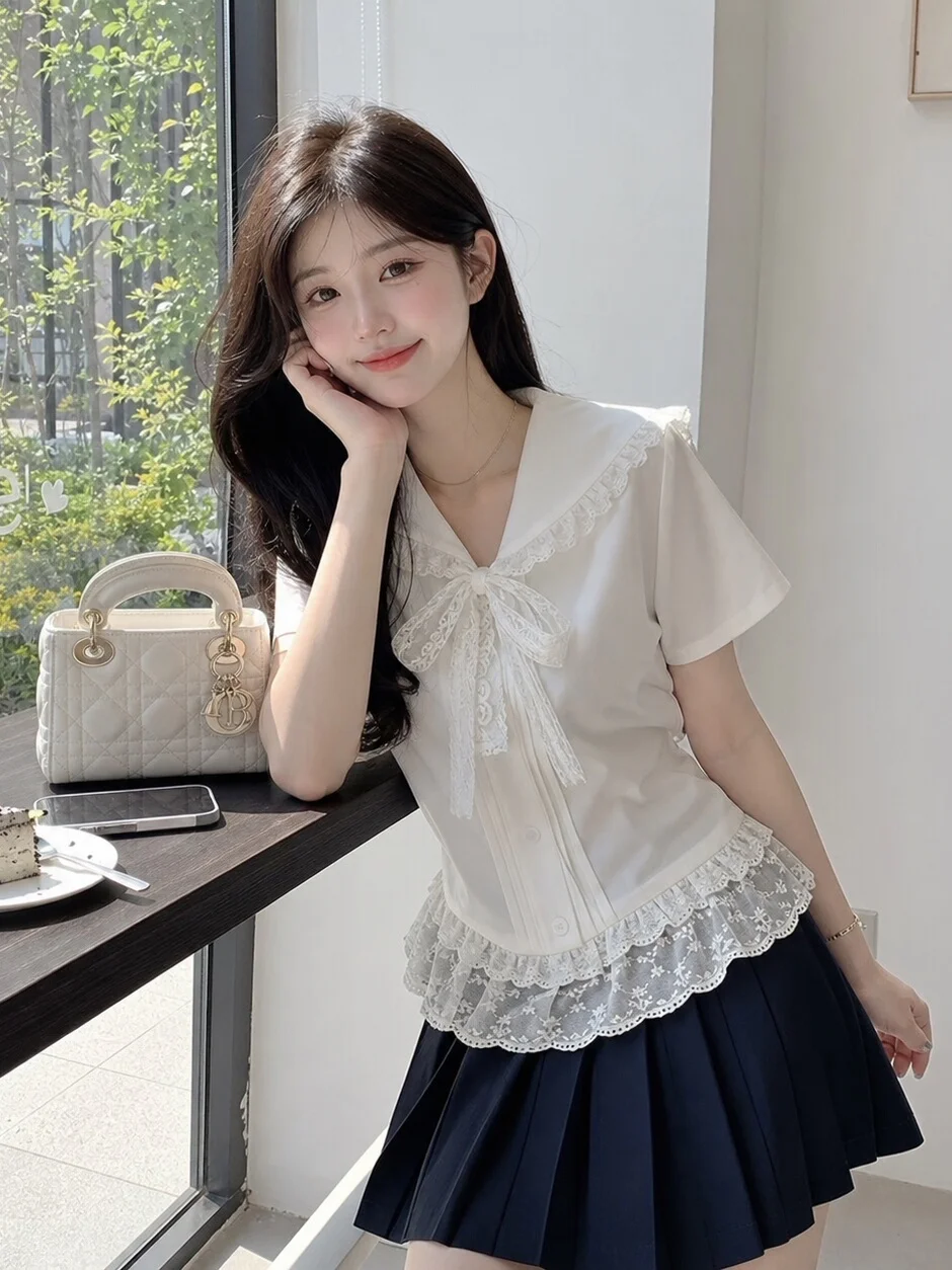 French Style  Knot Short Sleeve Doll Collar Shirt Women's Summer 2026 Anti-Aging Super Cute White Shirt
