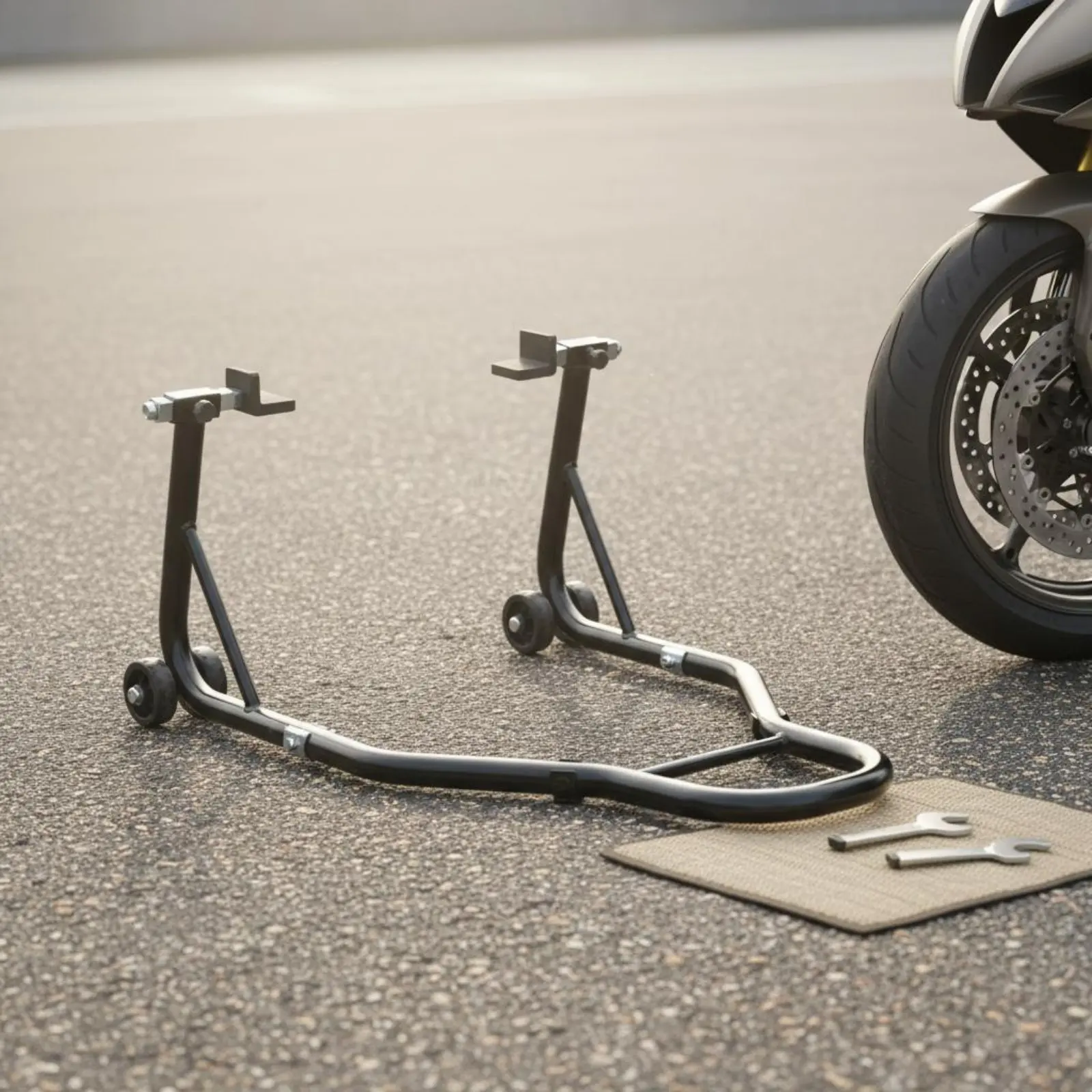 Motorcycle Paddock Stand Sturdy-Duty Front Rear Wheel Stand Motorcycle Wheel Elevate Rust Resistant Wheeled Design for Garage