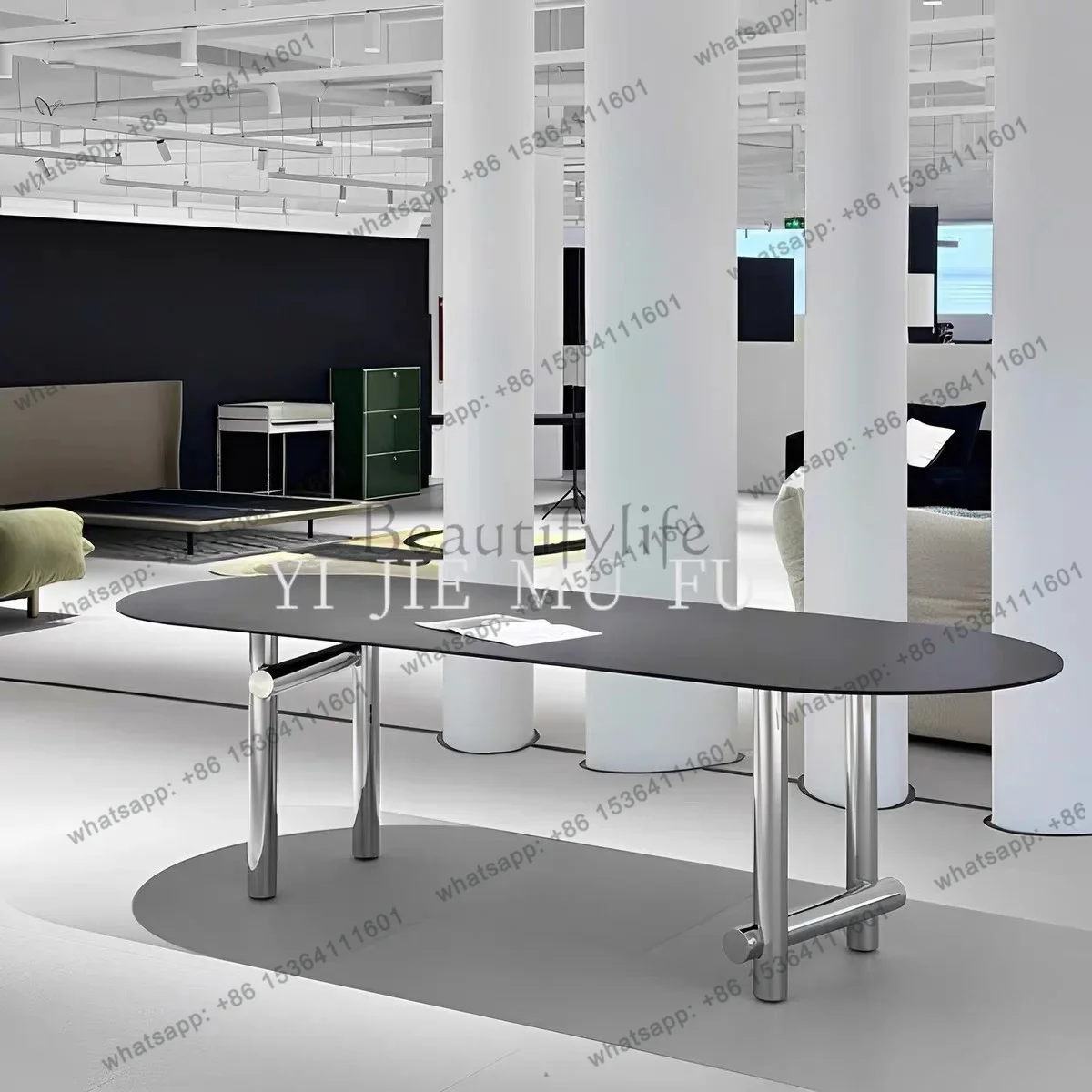 French light luxury solid wood dining table in ancient stainless steel minimalist rock slab dining table oval negotiation table