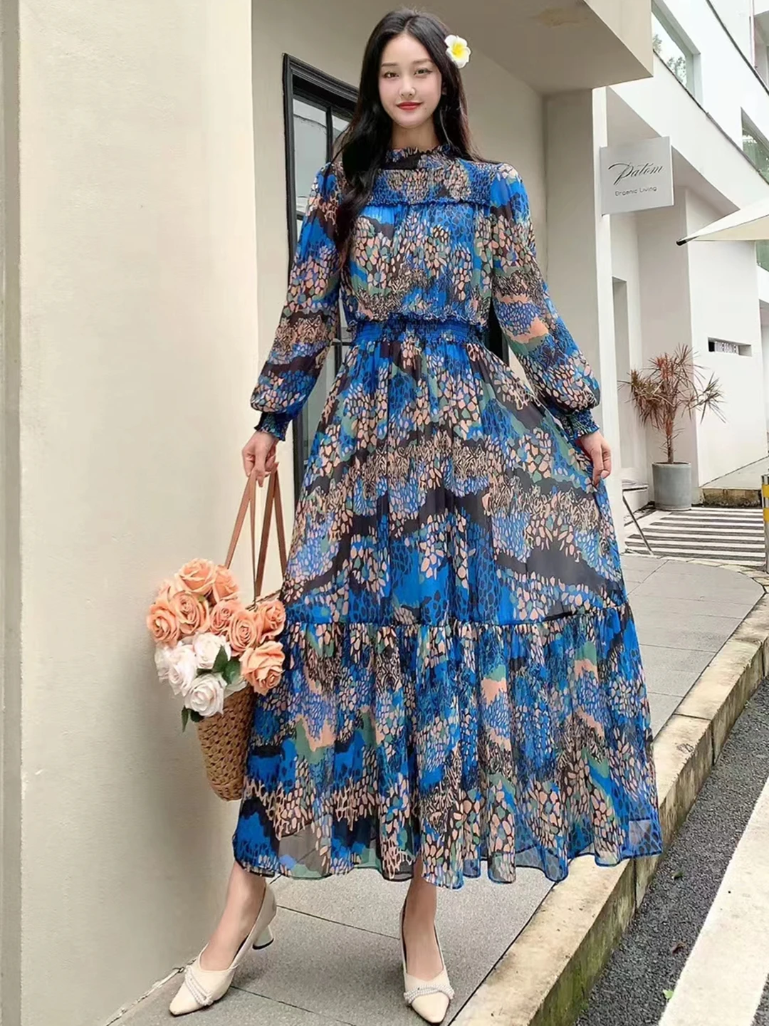 New Spring Autumn Women Long Sleeve Slim Long Dress High Quality Gorgeous Contrast Color Leopard Print Big Hem Elegant Dress