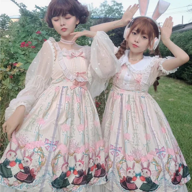 Victorian Gothic Lolita Jsk Dress Women Vintage Sweet Bunny Print Elegant Princess Party Dresses Girls Harajuku Y2k Mini Dresses