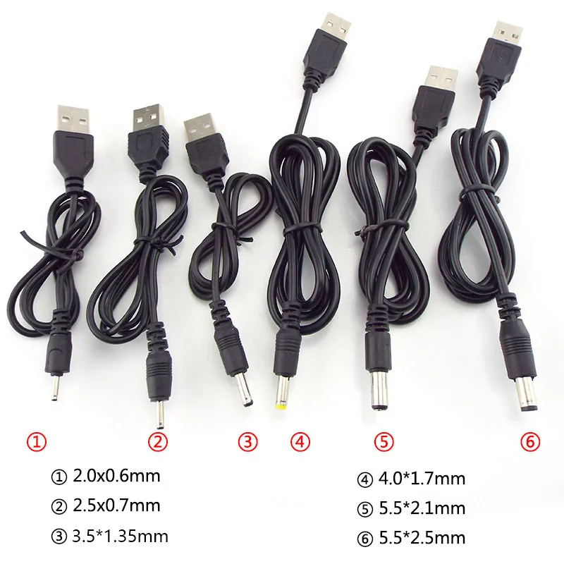 Type A USB Male Port To DC 5V 2.0*0.6mm 2.5*0.7mm 3.5*1.35mm 4.0*1.7mm 5.5*2.1mm 5.5*2.5mm Plug  Jack Power Cable Connector E2