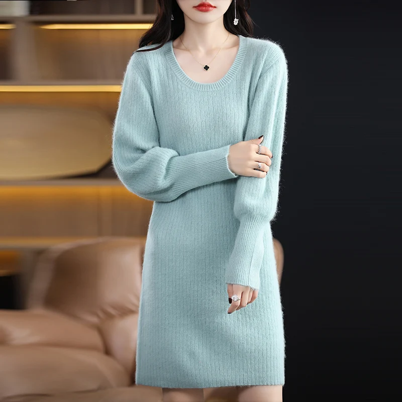 100% Mink Cashmere Long Sweater Women\'s Clothing O-Neck Jumper Casual Loose Knitted Top Autumn Winter Warm Dress Fashion Korean