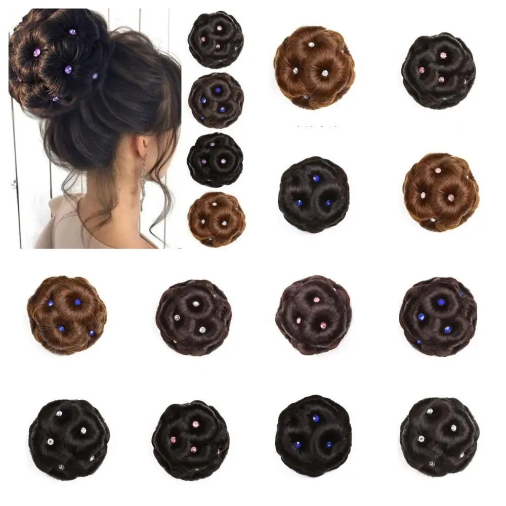 Trendy Fake Hair Nine flowers Chignon Brown Scrunchie Crystal Synthetic Bun Donut Bun Hair Extension Curly Chignon Women
