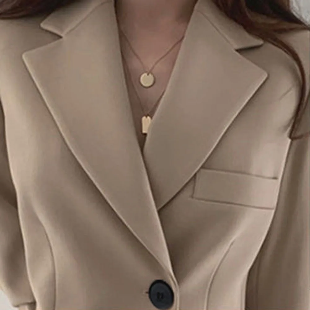 Casual Office Lady Blazer Coat Women 2023 Fall Single Button Pocket Long Sleeve Suits Tops Female Solid Elegant Jacker Coats