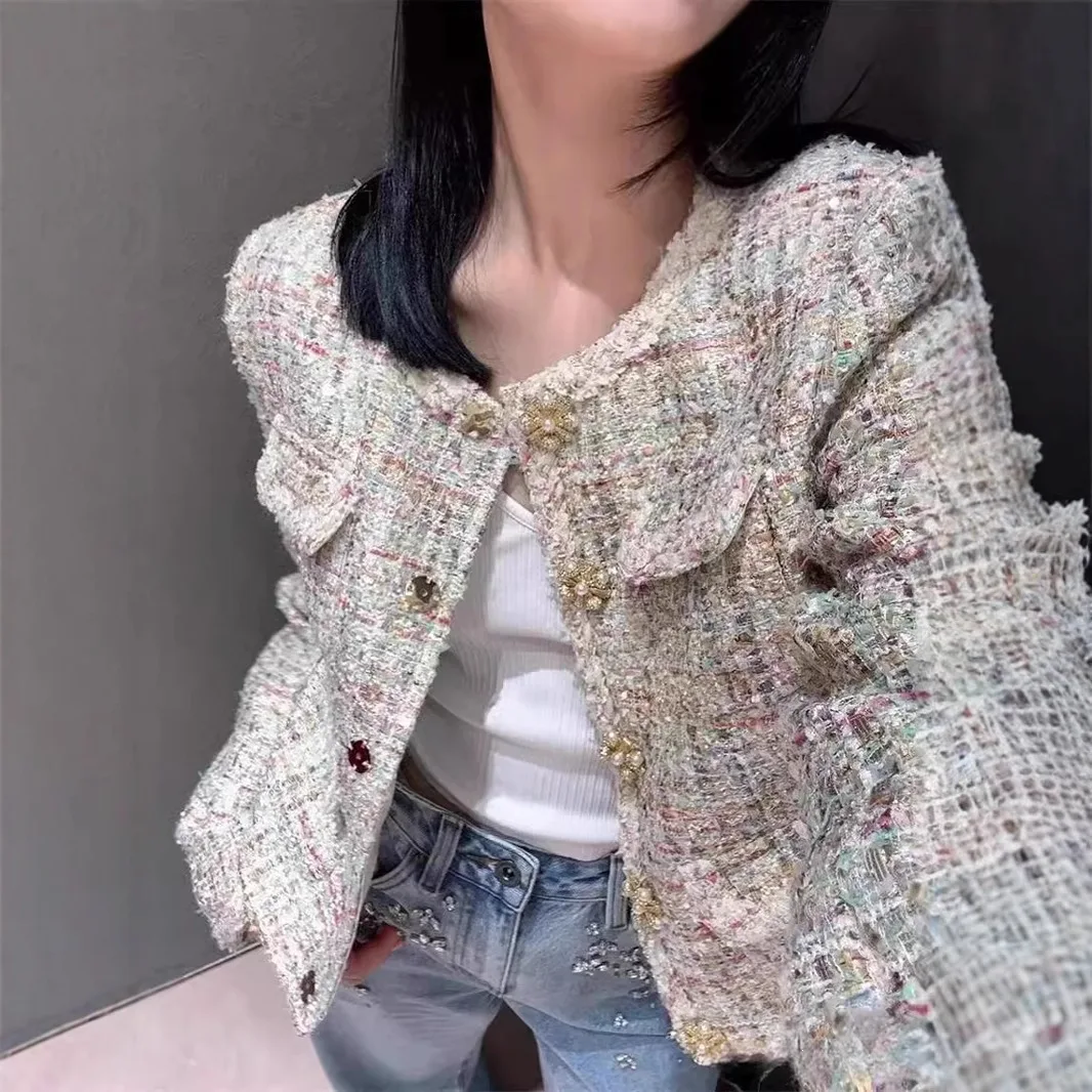 Shiny Sequin Thick Tweed Short Coat Women's Fashion Lady Style Open Cardigan Spring Season Loose Fit Single Piece Chinese Origin