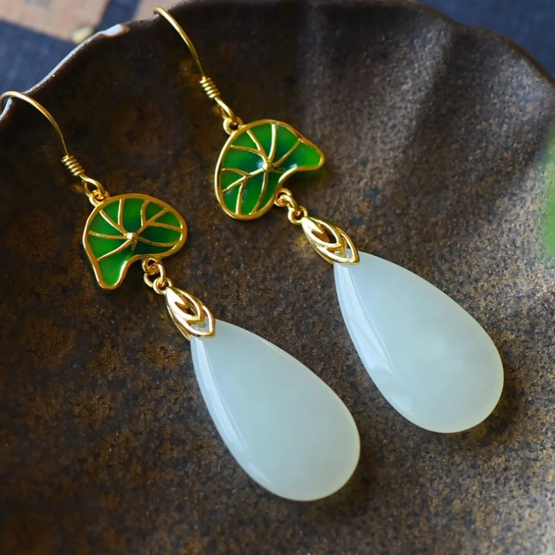 SGARIT Hetian White Jade S925 Silver Inlay 13*55mm Lotus Leaf Waterdrop Hook Earrings Fashion Versatile Fine Texture Two Color