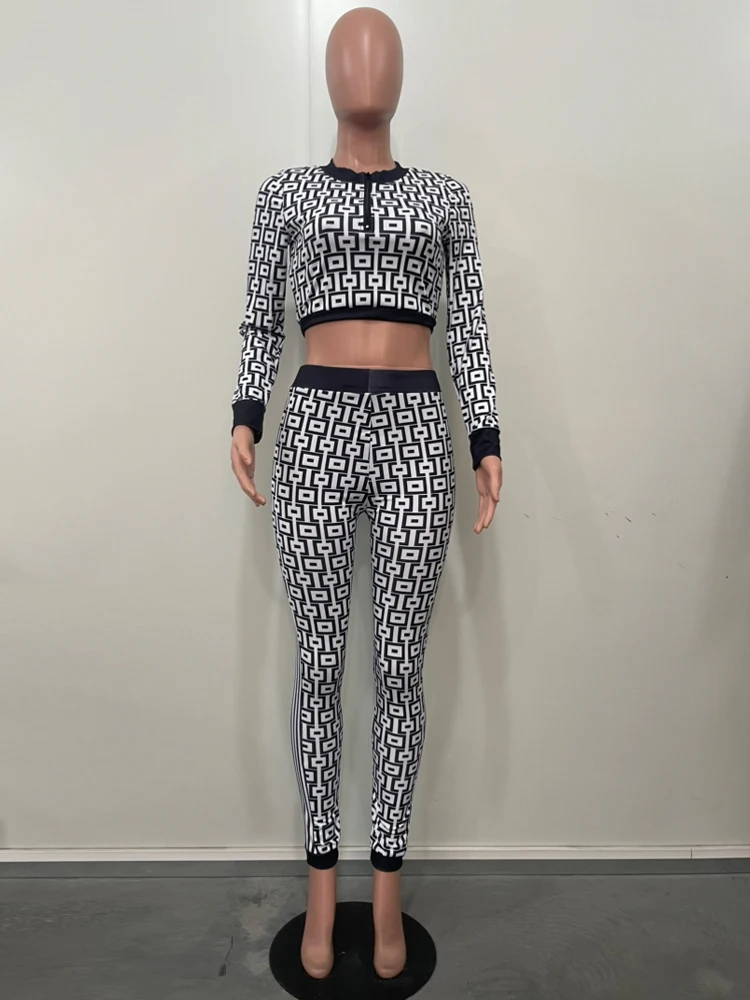 Bonnie Forest Vintage Geometric Print Crop Top And Matching Pant Sets Female Tracksuits Set Festival Outfits Sexy Clubwear