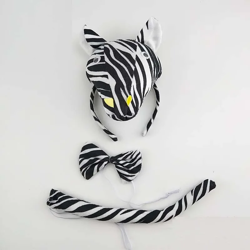 Adults Kids Plush Cartoon Animal Zebra Ear Headband Hairband Tail Tie Birthday Party Cosplay Costume Christmas Halloween