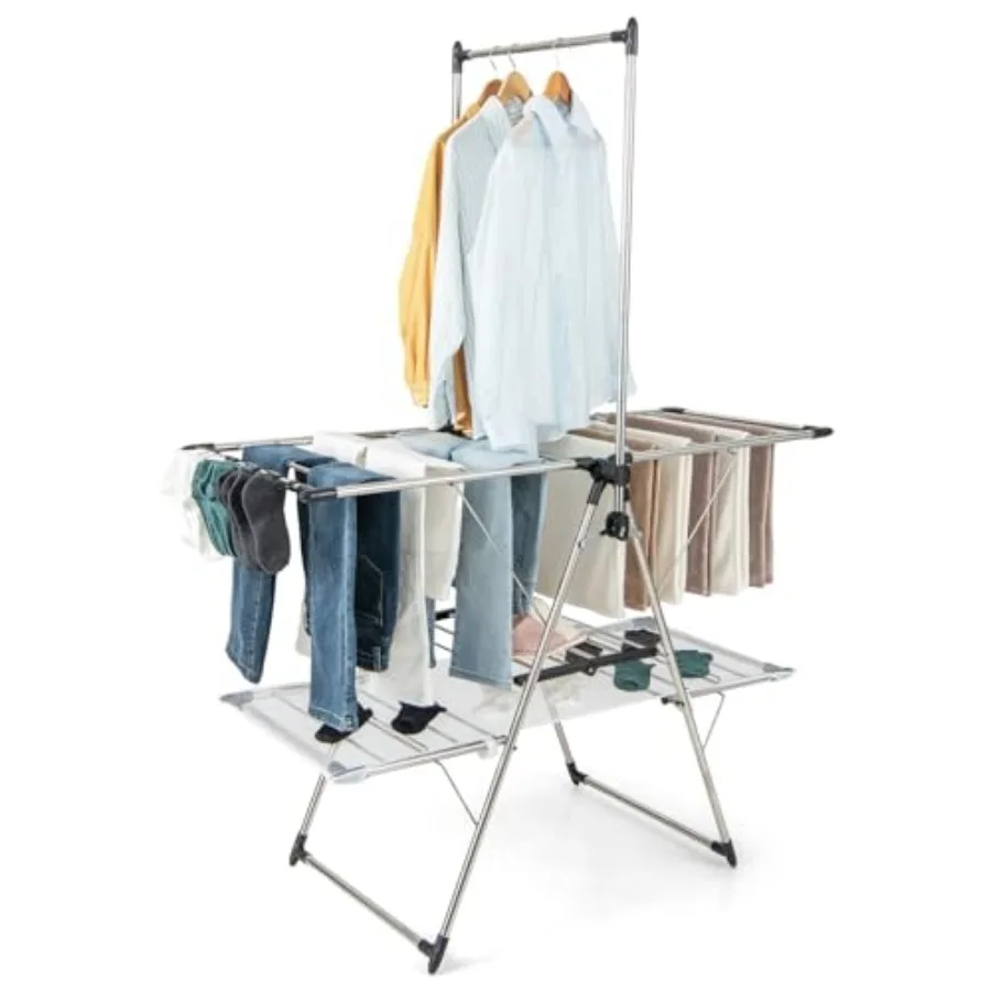 

Clothes Drying Rack Stainless Steel Foldable Laundry Drying Rack with 6-Level Adjustable Height High Hanger Design Side Clips S