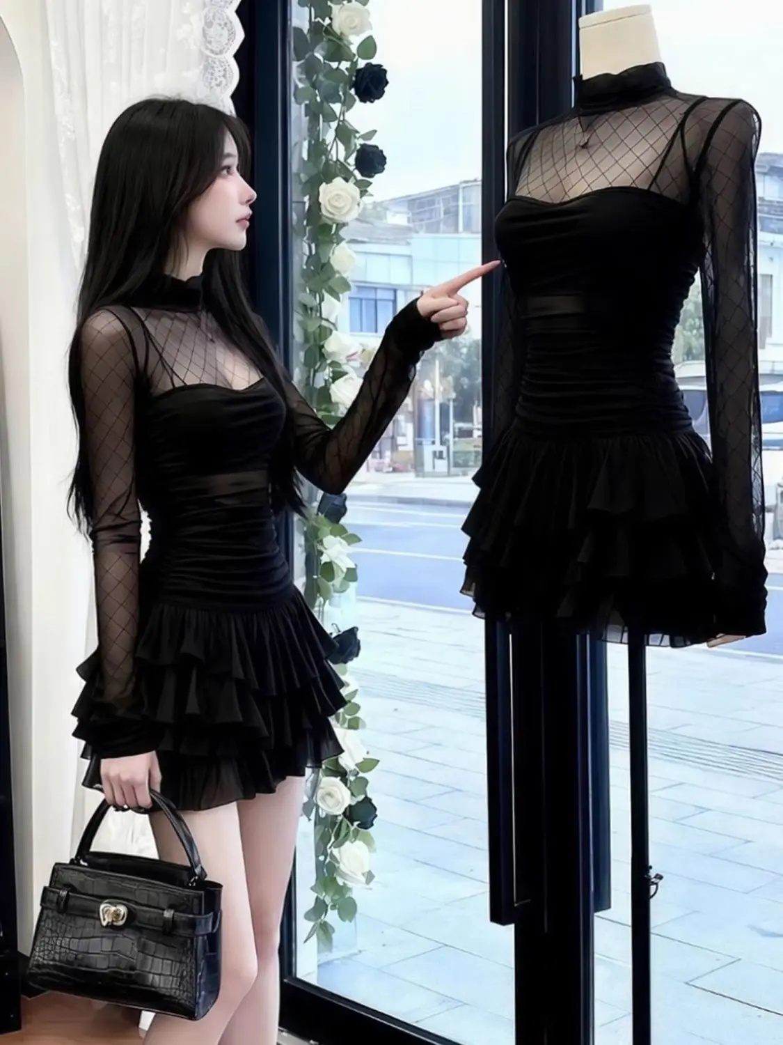 

plus Size Black Mesh Splice Short Dress Slimming Waist Design French Style Polyester Fiber Long Sleeve High Waist A-Line Skirt