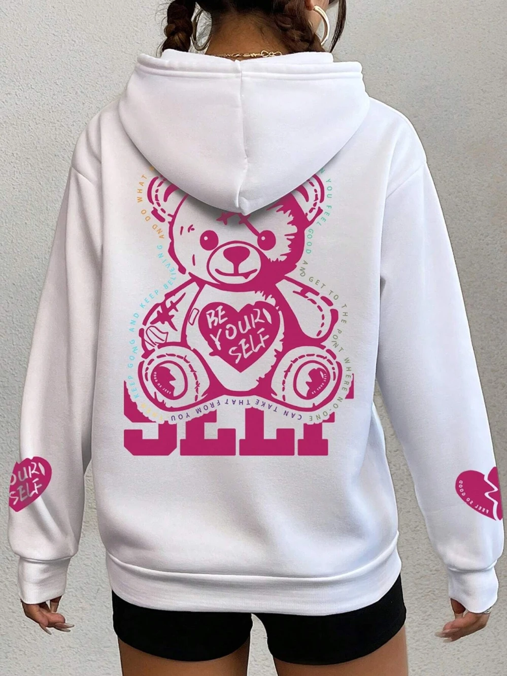 Be Your Self Cute Teddy Bear Graphic Print Womens Hooded Warm Fleece Hoodies Simple Soft Hoodie Street Casual Loose Pullover